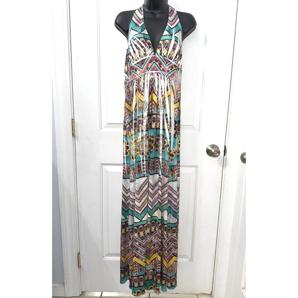 S-12, S-Twelve Multi Colored Maxi dress with lots of embellished rhinestones